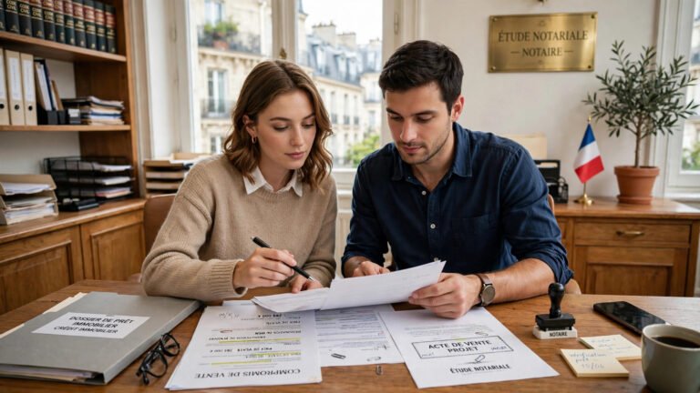 Couple signant un compromis de vente chez un notaire avec un dossier de prêt immobilier sur la table