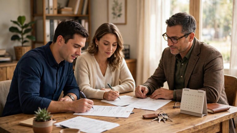 Acheteurs et vendeur signant l'acte authentique de vente chez le notaire, clés posées sur le bureau