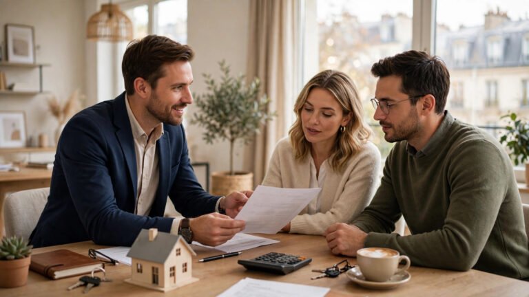 Agent immobilier et couple devant une maison avec un document de mandat de vente sur la table