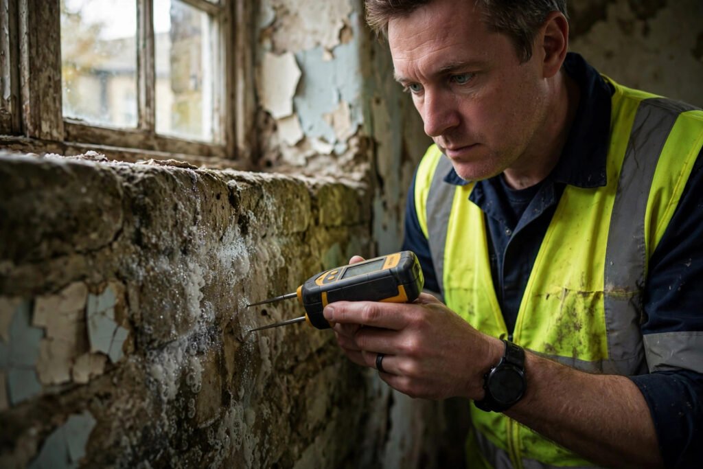Artisan inspectant des taches d'humidité et de salpêtre sur un mur ancien avant l'achat d'une maison à rénover