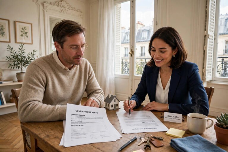 Propriétaire et agent immobilier comparant deux contrats de mandat de vente autour d'une table