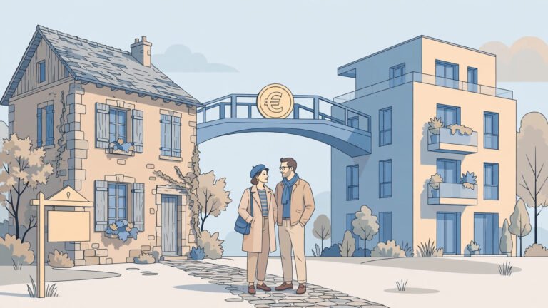 Couple devant une maison à vendre et un nouveau logement, illustrant le principe du prêt relais immobilier