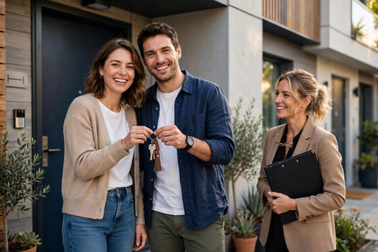 Jeune couple de primo-accédants recevant les clés de leur premier appartement