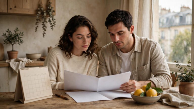 Couple en train de relire un compromis de vente à la table de leur salon, un calendrier posé à côté