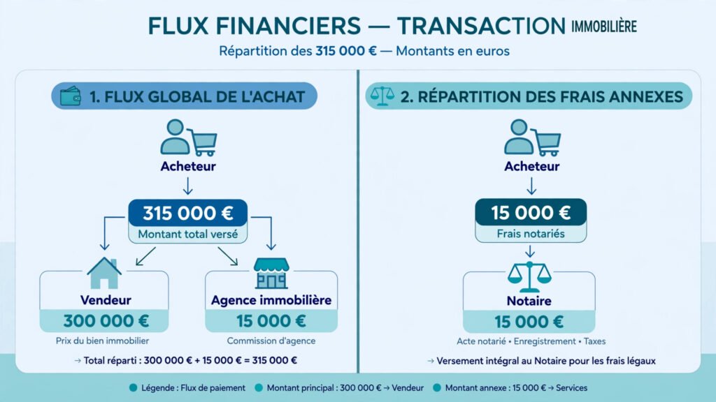 Schéma comparant les flux d'argent entre acheteur, vendeur, agence et notaire selon que les honoraires sont à la charge du vendeur ou de l'acquéreur
