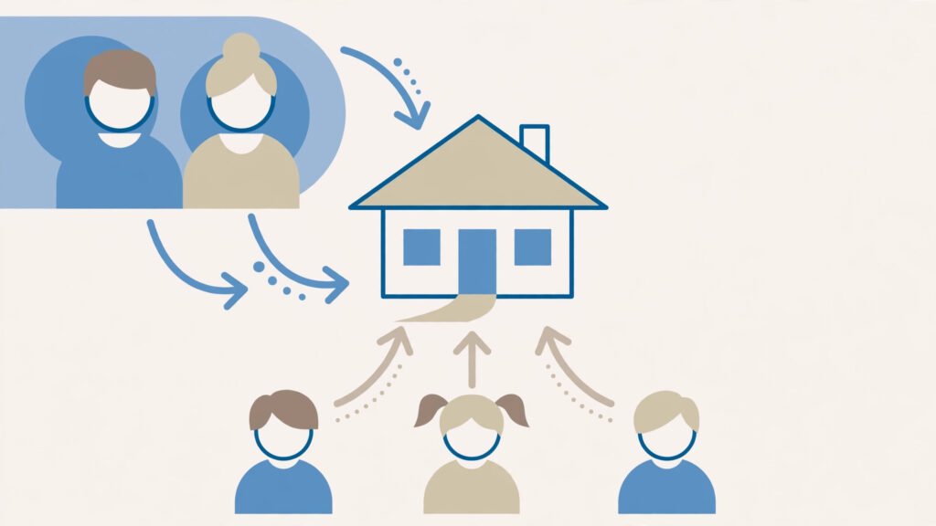 Schéma simple d'une SCI familiale : parents, enfants, parts sociales et maison