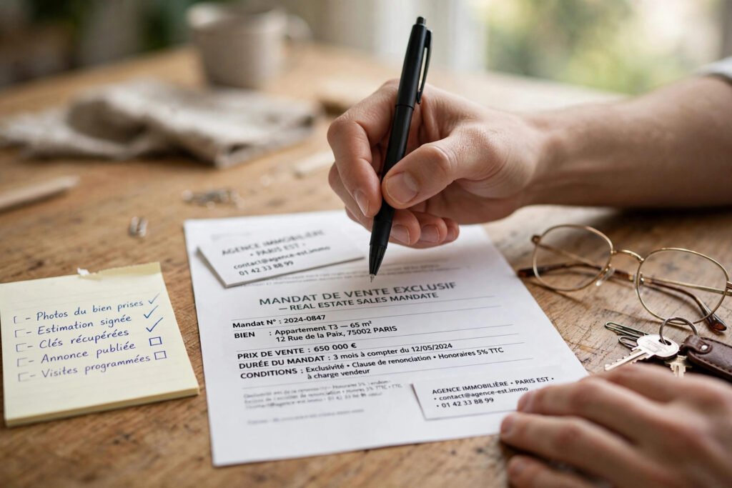 Vendeur relisant attentivement un mandat de vente avant de le signer avec un stylo à la main
