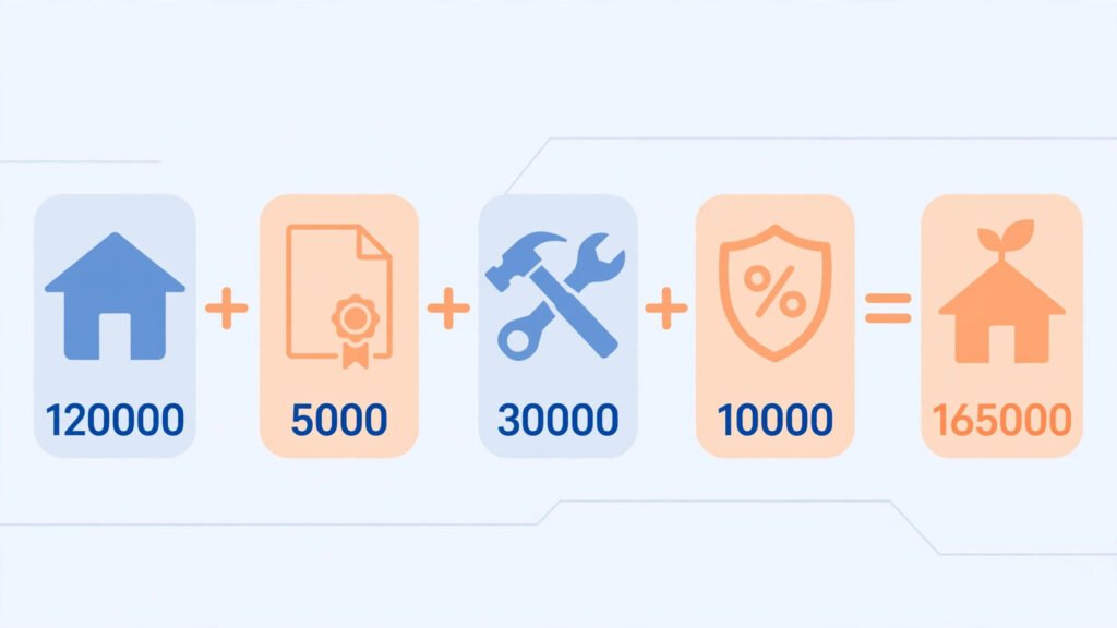 Schéma du calcul du coût total : prix d'achat, frais de notaire, travaux, marge et comparaison avec une maison rénovée
