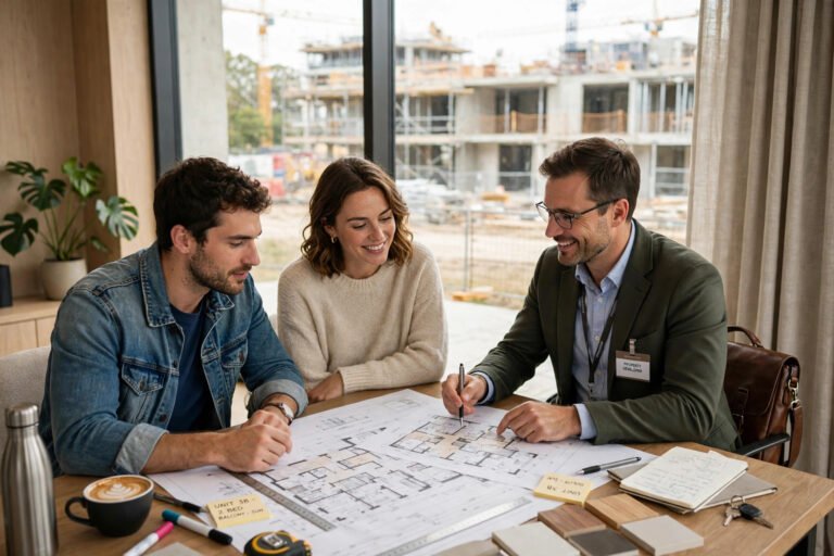 Couple examinant les plans d'un appartement neuf avec un promoteur devant un chantier de résidence