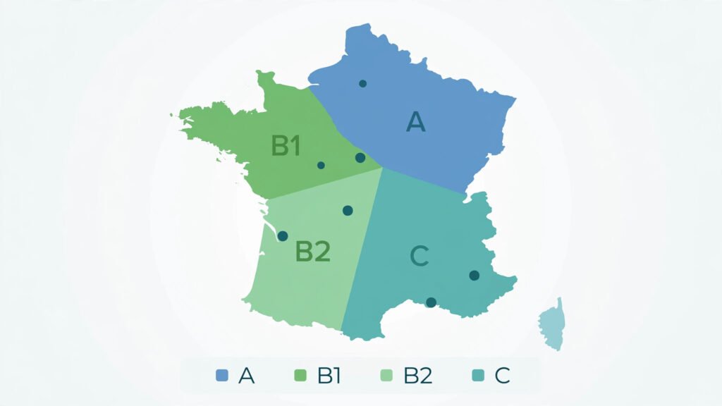 Carte de France du zonage A, B1, B2 et C utilisé pour le prêt à taux zéro